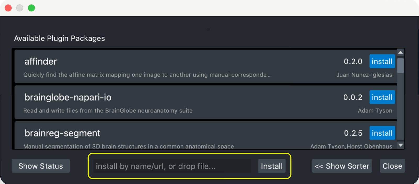 napari plugin installation dialog