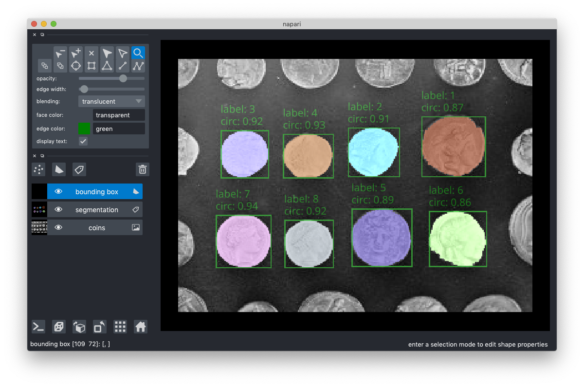 napari viewer showing eight roughly circular shapes. The shapes are classified according to circularity and have bounding boxes automatically generated around them showing a circularity parameter and an integer for a label.