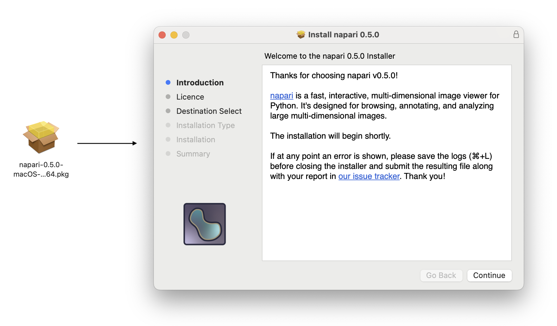 Cropped screenshot of macOS desktop UI showing the icon of the PKG installer file, and an arrow pointing to the Welcome page in the opened PKG installer.