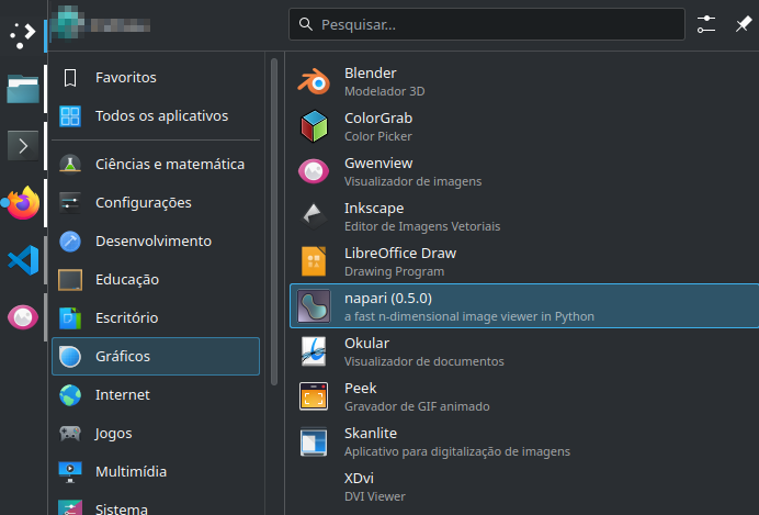 Full screenshot of the application menu in the Ubuntu desktop environment. A 6x4 grid of application icons includes the napari icon on the third row, third column, highlighted with a red circle.