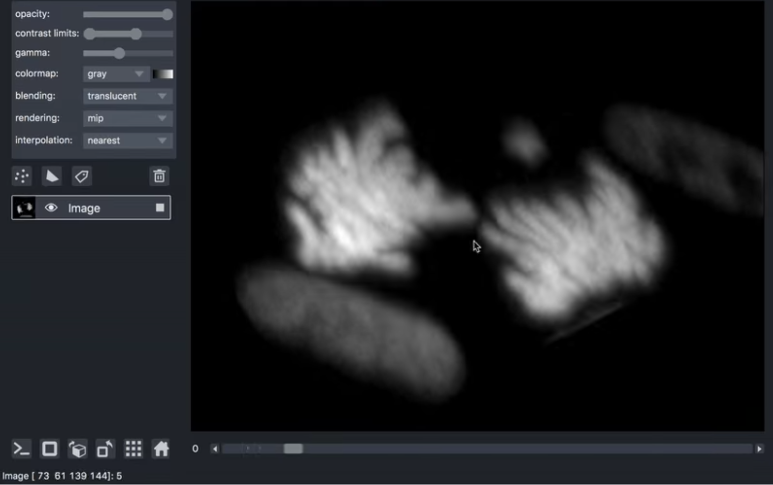 napari viewer with image loaded as a dask array showing mCherry-H2B showing chromosome separation during mitosis. Collected on a lattice light sheet microscope.