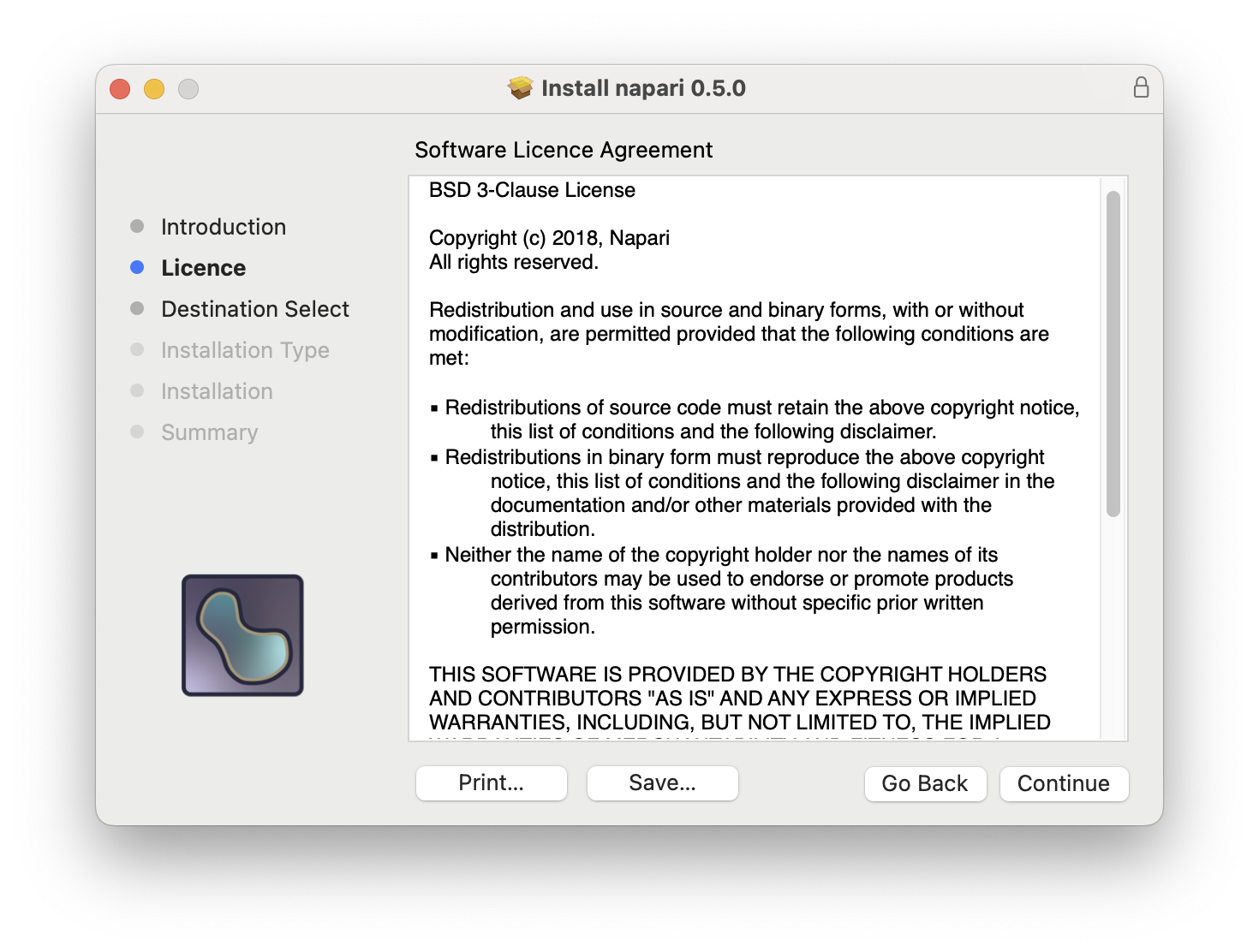 Cropped screenshot of the License page in an opened PKG installer, showing the BSD 3-Clause License text and four buttons: Print, Save, Go Back and Continue.