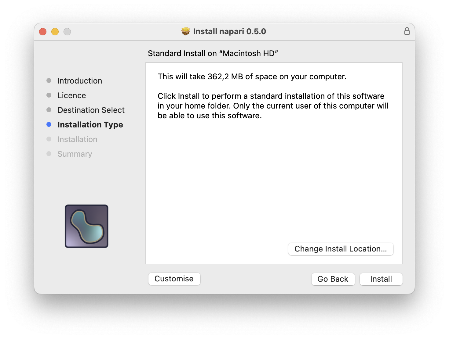 Cropped screenshot of the Installation Type page on the PKG installer. It reports the estimated space the installation will use (2.45 GB in this example) and shows four buttons: Change Install Location, Customize, Go Back and Install.