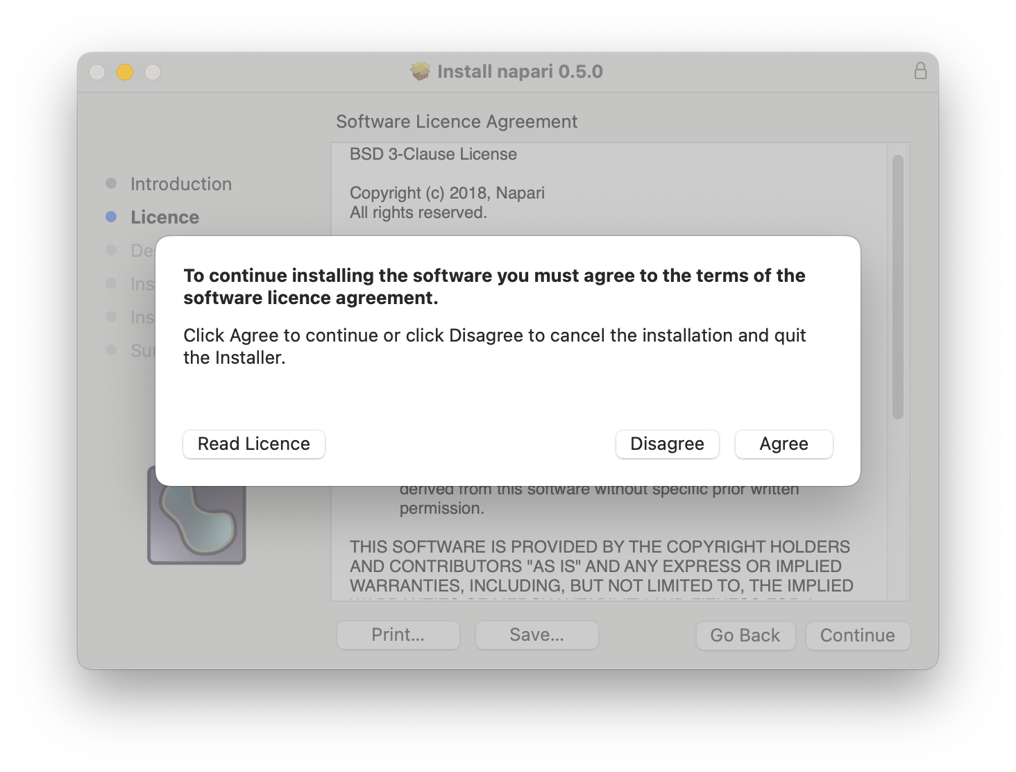 Cropped screenshot of the License page prompting the user to agree to the napari Software License Agreement. The dialog contains three buttons: Read License, Disagree and Agree.