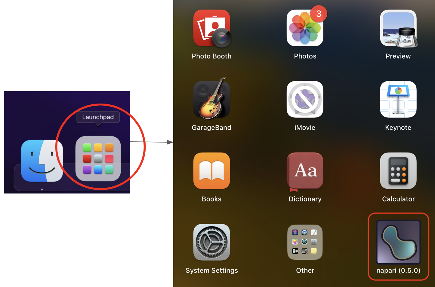 Montage of two cropped screenshots. On the left, the macOS finder icon and the Launchpad icon, highlighted with a red circle. On the right, the opened launchpad UI showing a 4x4 grid of applications icon, with napari appearing in the bottom right corner.