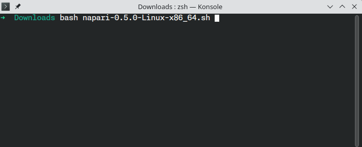 Montage of the SH installer icon on Ubuntu, with an arrow pointing to an open terminal instance with a pre-typed command that reads 'bash napari-0.4.14.dev73-Linux-x86_64.sh'.