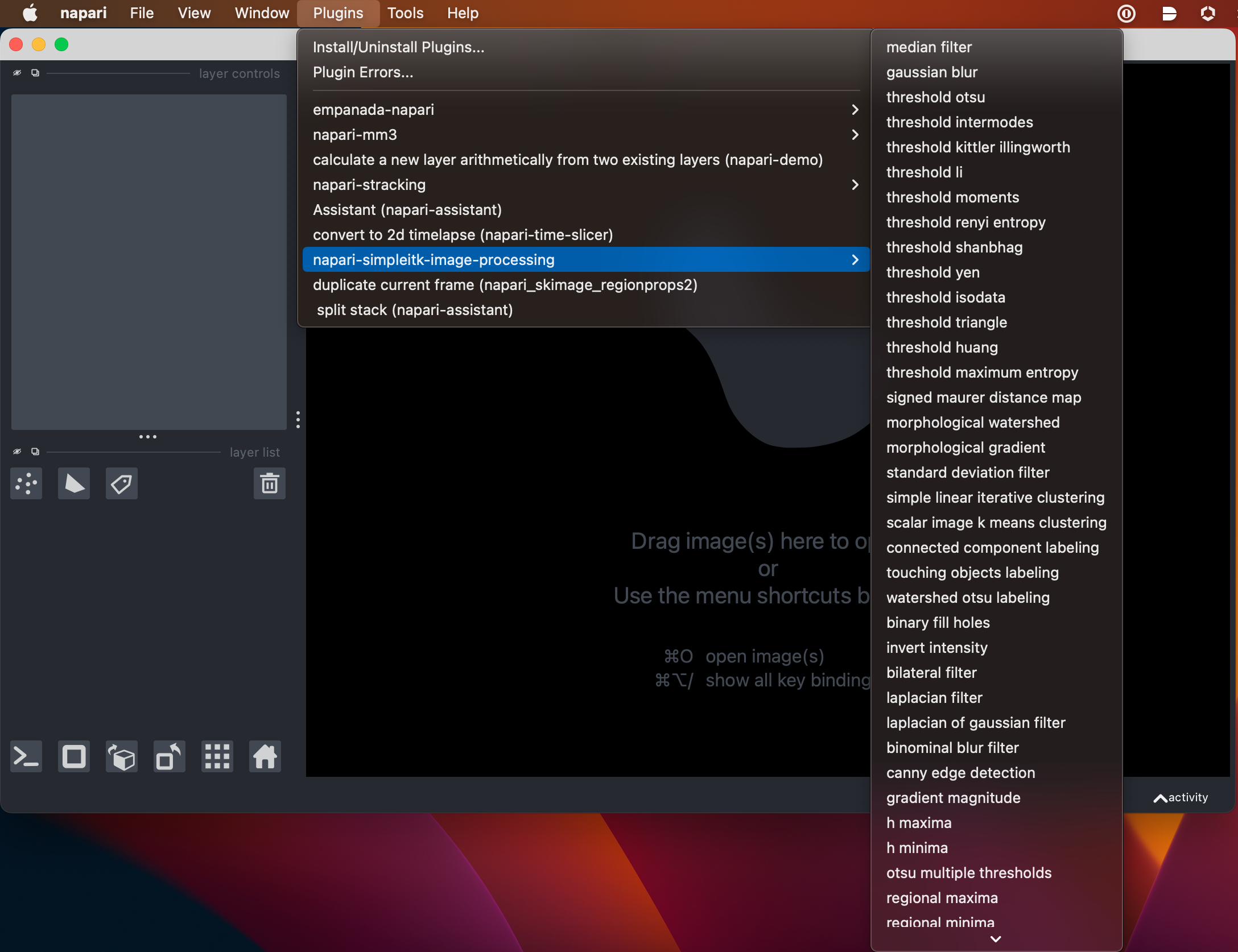 A napari viewer with many plugins installed quickly becomes unwieldy.