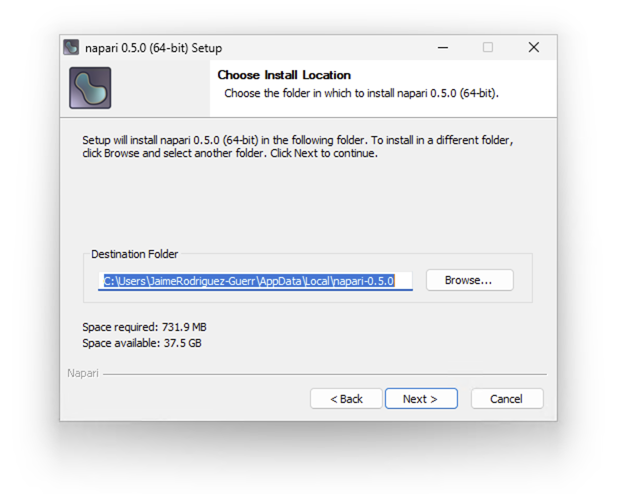 Cropped screenshot of the Choose Install Location page of the napari EXE installer. A text field next to a Browse button shows the default installation path. Additional text below reports the required space for the installation (2.6 GB) and the total space available on disk (61.1 GB). The three buttons at the bottom read Back, Next and Cancel.