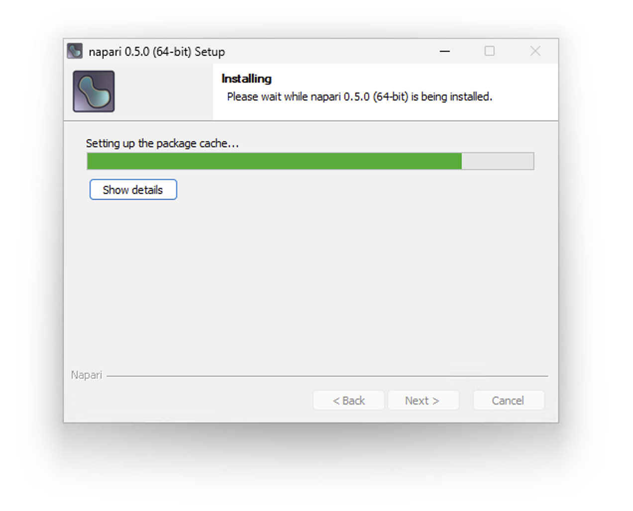 Cropped screenshot of the Installation process page of the napari EXE installer. A progress bar at around 95% reads "Setting up the package cache...". A button with the text "Show details" is available below. At the bottom of the dialog, three grayed out buttons read Back, Next, and Cancel.