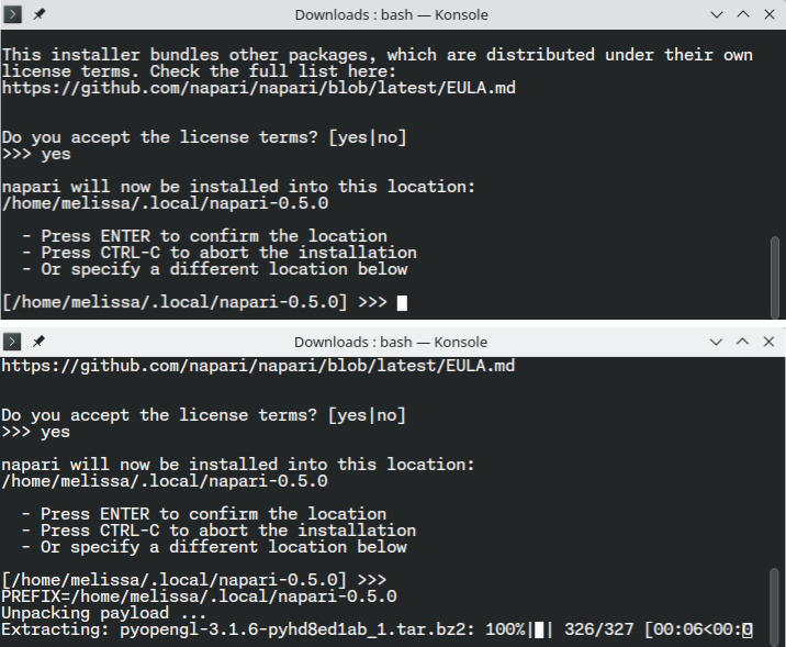 Montage of two instances of the default Ubuntu terminal showing the default installation path, followed by the first extraction steps of the installation process.