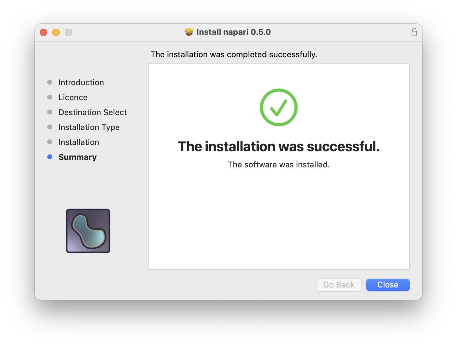 Cropped screenshot of the final page of the PKG installer, Summary, reporting "The installation was successful" with a green check mark icon. A blue Close button is available.