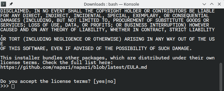 Cropped screenshot of the default Ubuntu terminal displaying the last paragraphs of a BSD-3 Clause License text, plus a prompt asking 'Do you accept the license terms?', to which the user must respond 'yes' or 'no'.