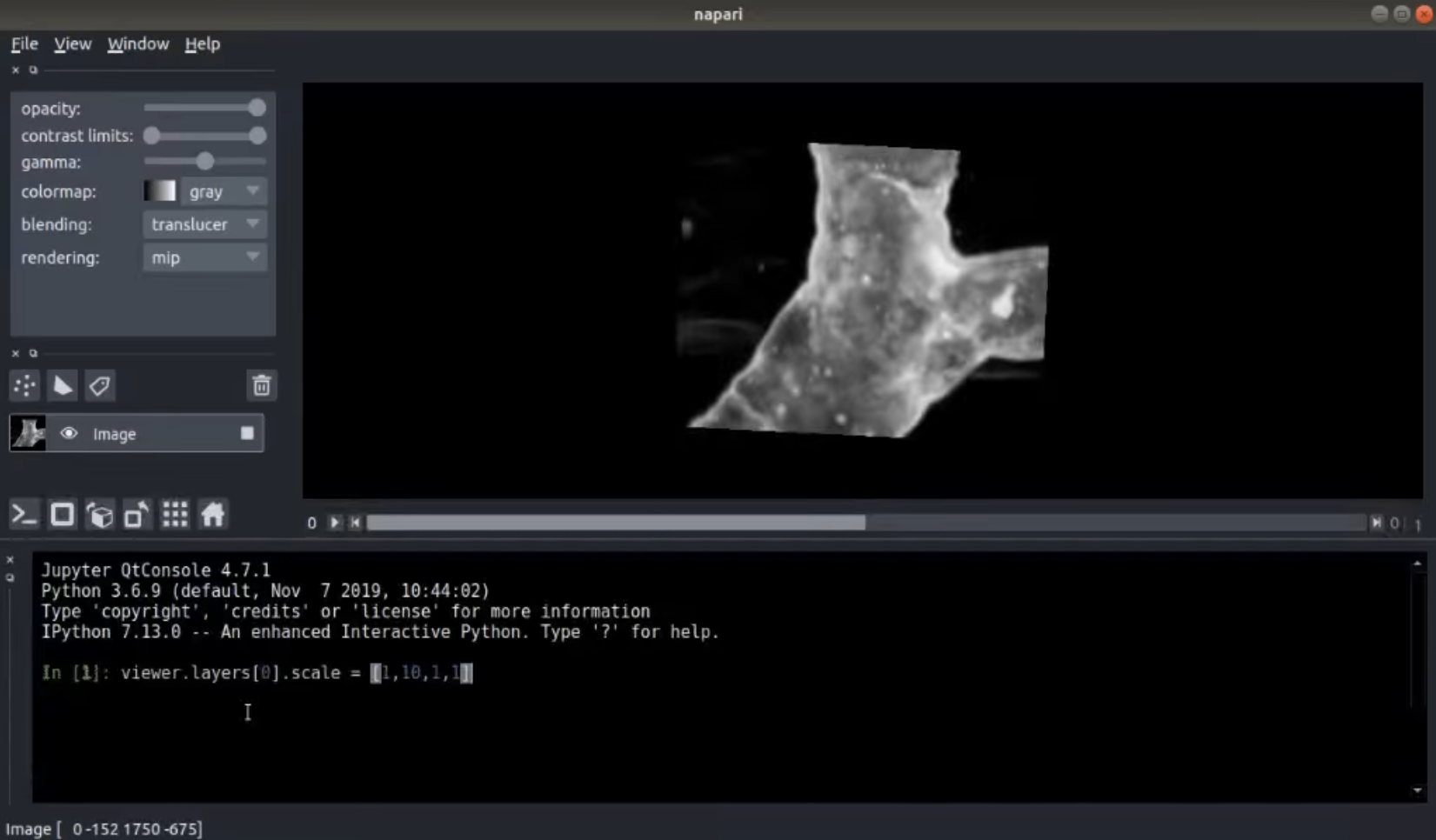 napari viewer with an image where all layers are scaled equally; when rotated, the image appears flat. By using console below the canvas and applying a scale factor to one of the dimensions, the image's volume becomes apparent.