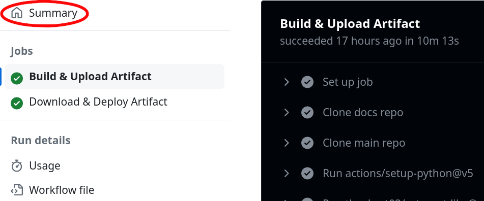 Summary link in the "Build & Deploy PR Docs / Build & Upload Artifact" GitHub Action page