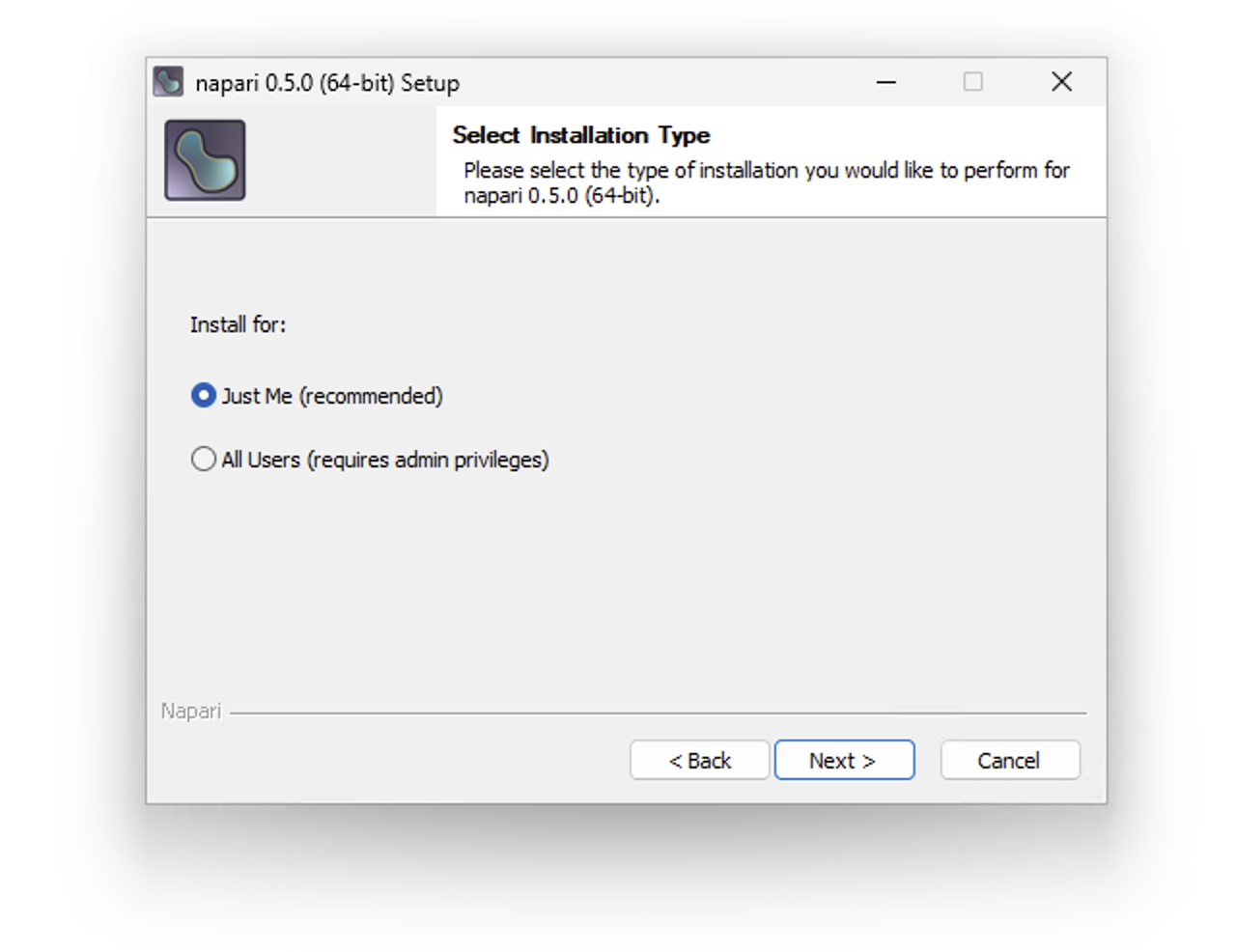 Cropped screenshot of the Setup Installation Type page of the napari EXE installer. Two options are available: Just Me (recommended), and All Users (requires admin privileges). At the bottom, three buttons Back, Next and Cancel are displayed.