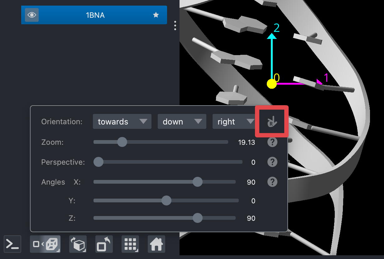 camera controls, with a "right handed reference frame" icon highlightednext to the axis orientation boxes