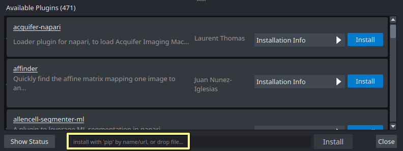 napari viewer's Plugin dialog. At the bottom of the dialog, there is a place to install by name, URL, or dropping in a file.