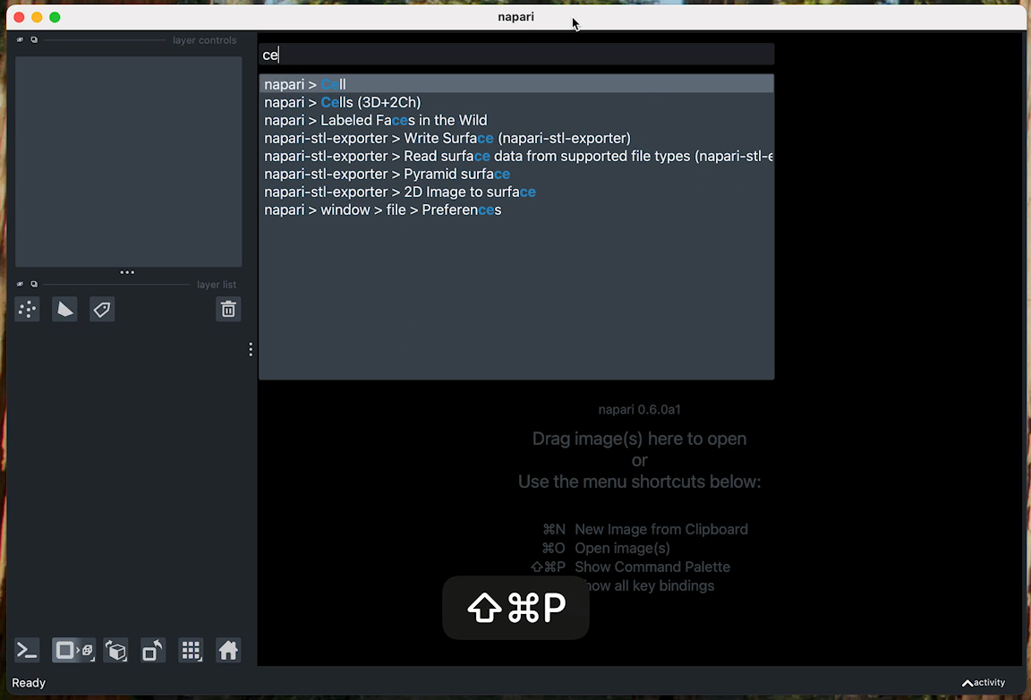 a screen recording showing the command palette in action to open Cells 3D example and toggle 3D viewer mode