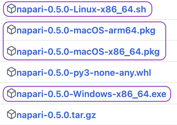 Cropped screenshot of the GitHub Releases page for napari version 0.4.15. The expanded assets tab shows a number of installers available for different operating systems and architectures. Yellow rectangles highlight the files that correspond to the conda-based installers described in this tutorial.