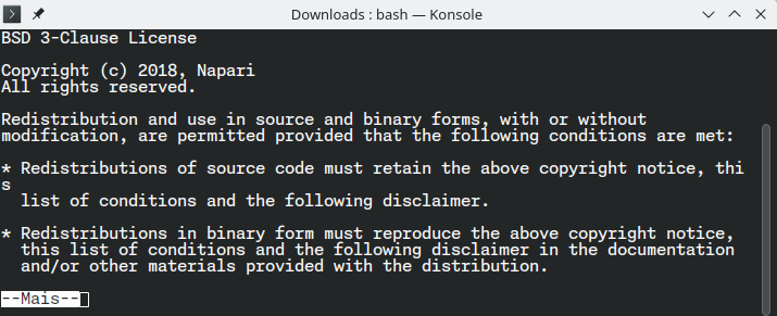 Cropped screenshot of the default Ubuntu terminal displaying the first paragraphs of a BSD-3 Clause License text.