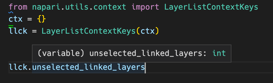 An IDE showing a type hint for an attribute of the LayerListContextKeys class.