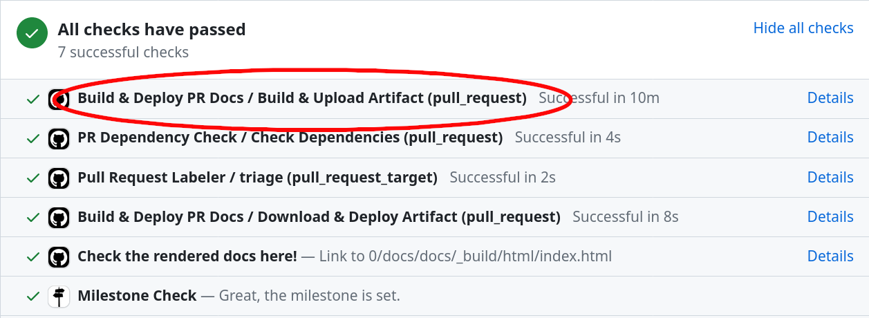 The "Build & Deploy PR Docs / Build & Upload Artifact" check is highlighted