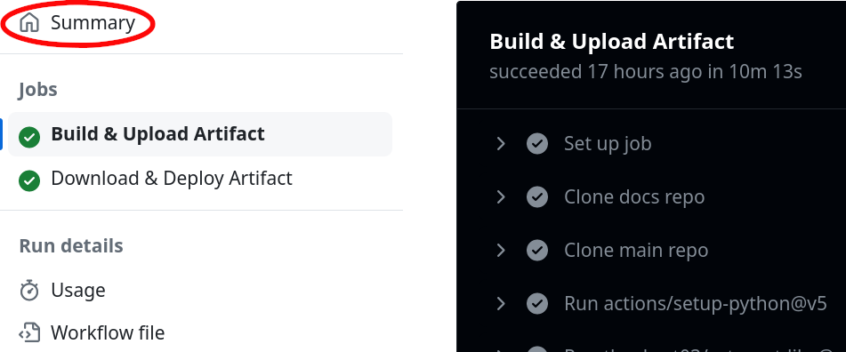 Summary link in the "Build & Deploy PR Docs / Build & Uplod Artifact" GitHub Action page