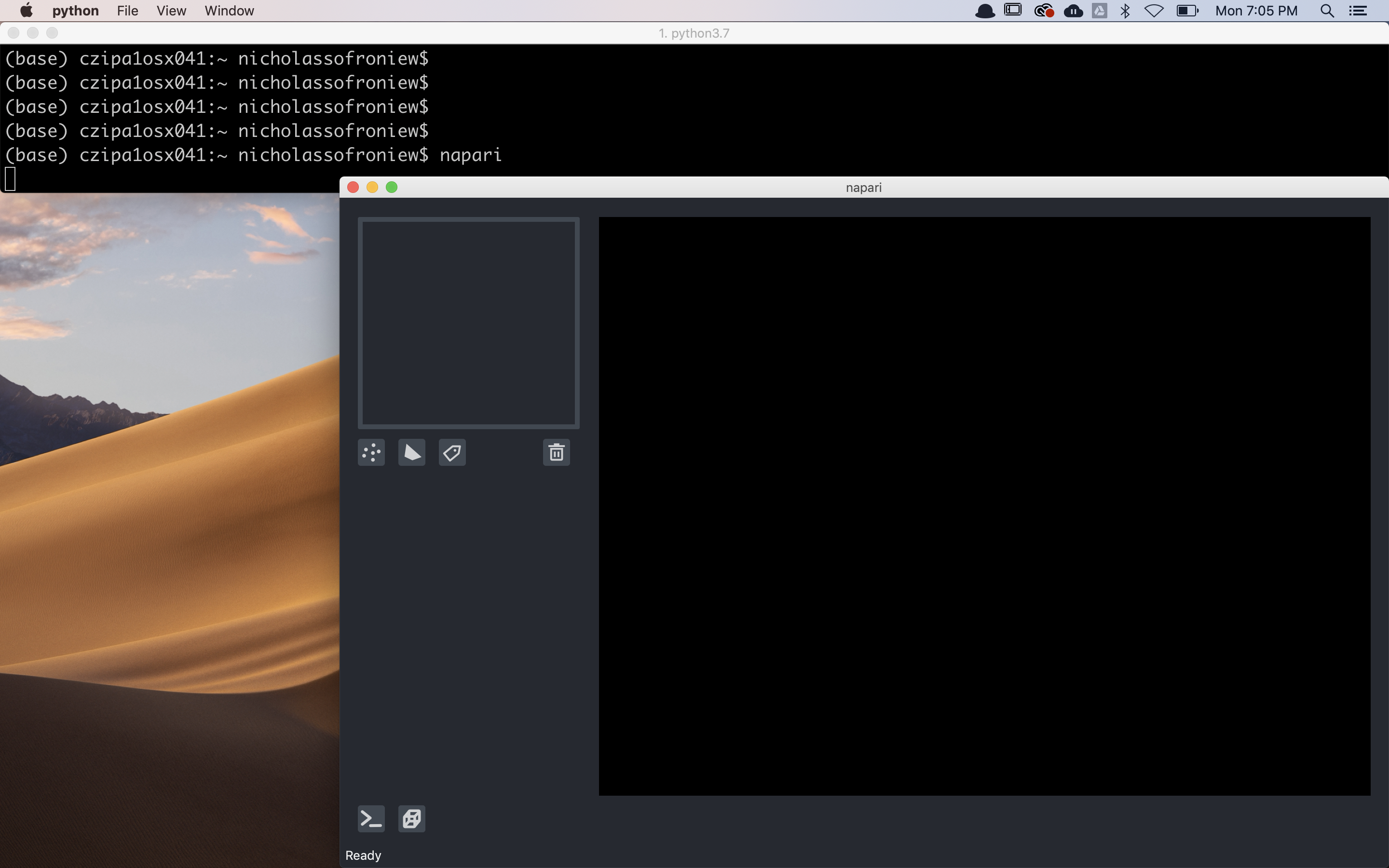 macOS desktop with a napari viewer window without any image opened in the foreground, and a terminal in the background with the appropriate conda environment activated (if applicable) and the command to open napari entered.