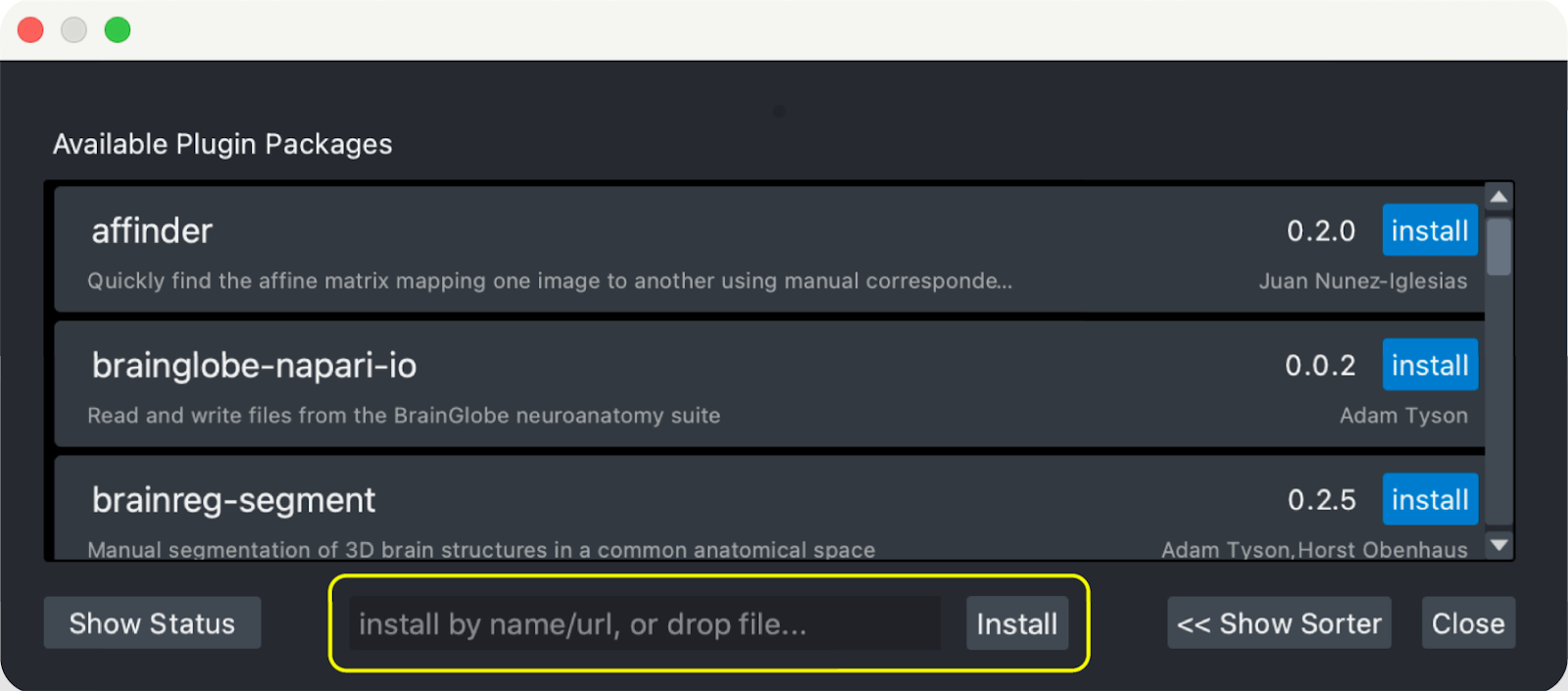 napari viewer's Plugin dialog. At the bottom of the dialog, there is a place to install by name, URL, or dropping in a file.