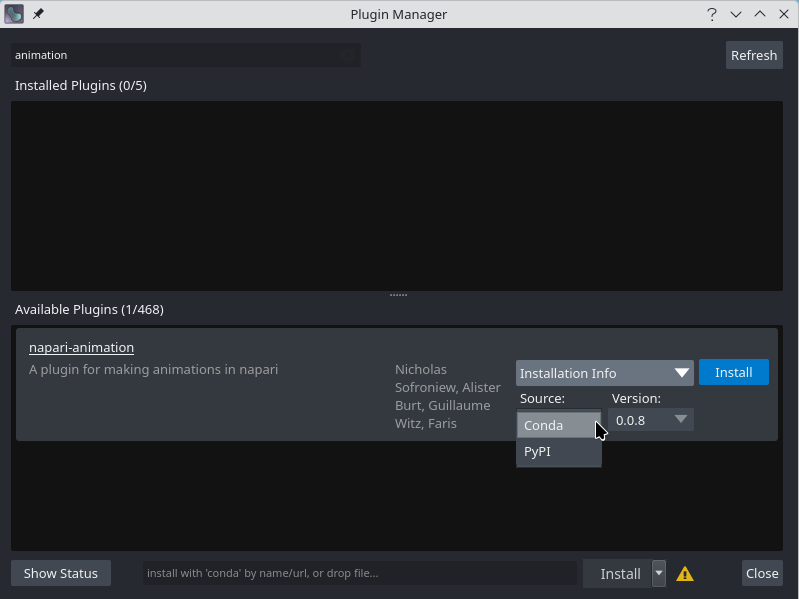 napari plugin manager with the Installation Info button expanded to show conda or pip as installation source.