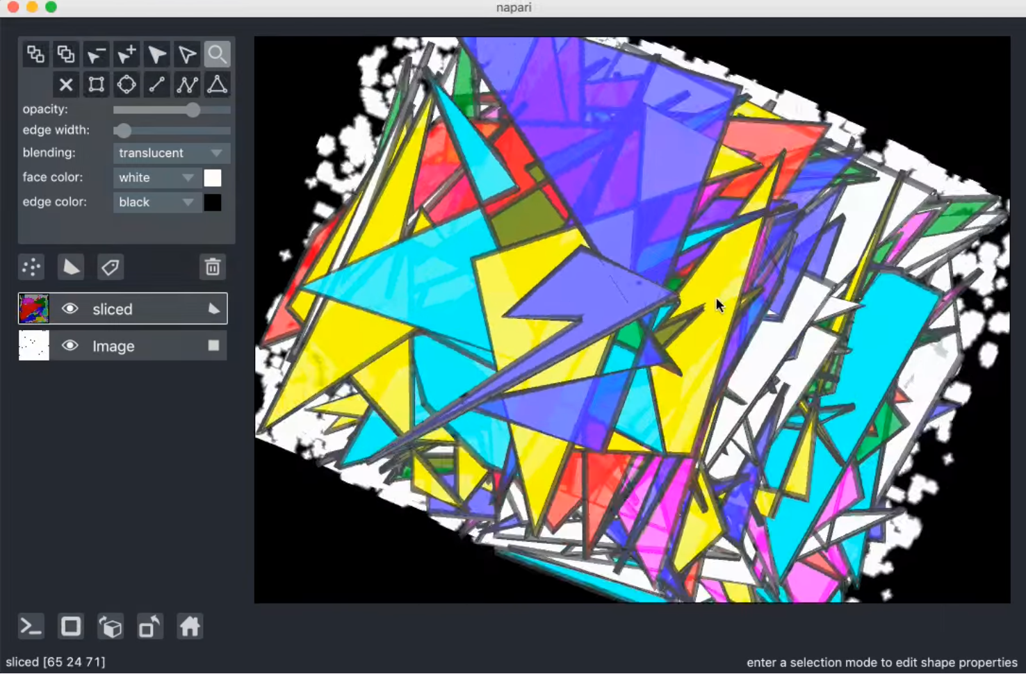 A stack of colorful polygon shapes over an image layer. The view alternates between 2D and 3D views of the data.