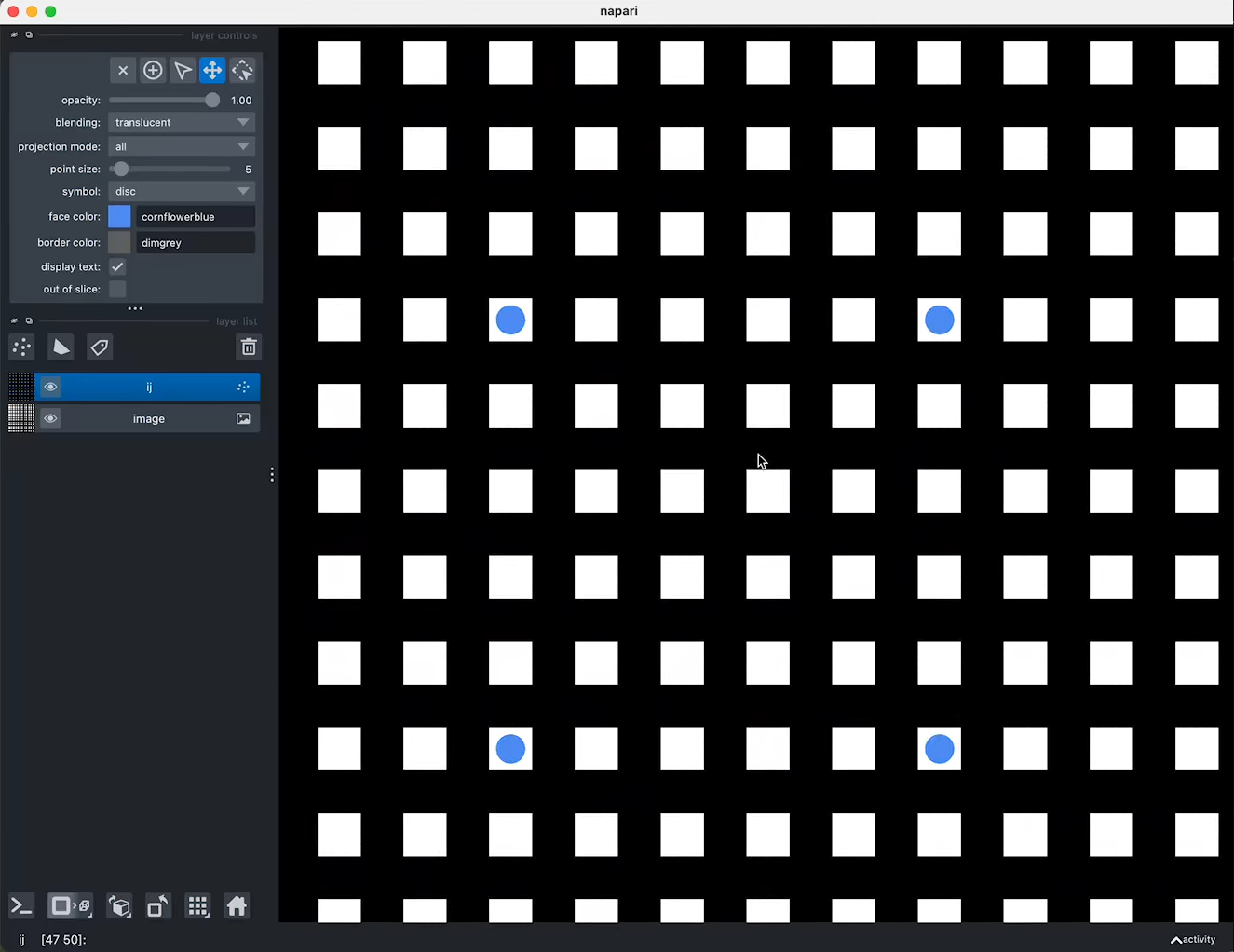 Video with a points layer on a grid of white squares. When zooming, the points stay the same size in screen pixels.