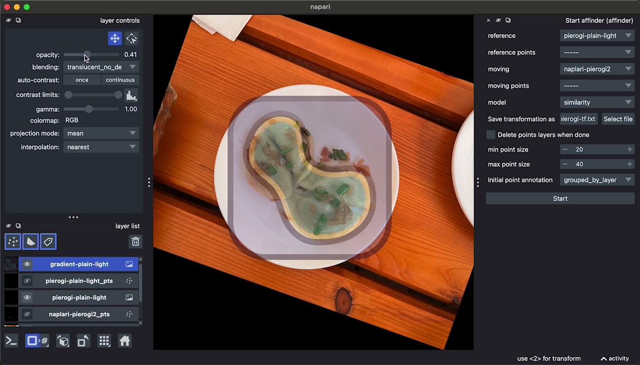 napari showing a rotated + scaled image of some pierogi. The napari logo fades in to exactly match the pierogi arrangement.