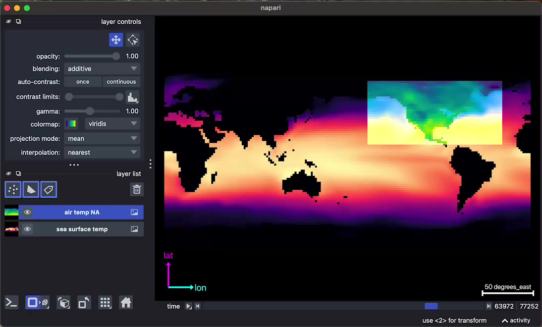 napari displaying an xarray-based climate dataset with correctly labeled axes and units.