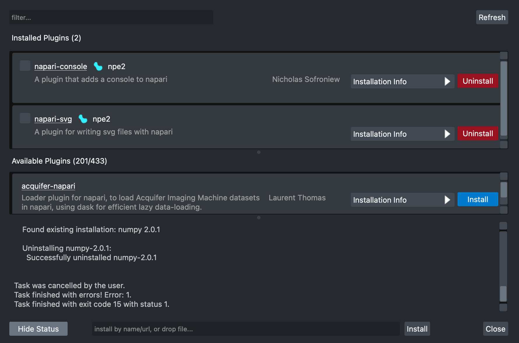 Screenshot of the napari-plugin-amanger interface showcasing the status information, which is initially hidden by default.