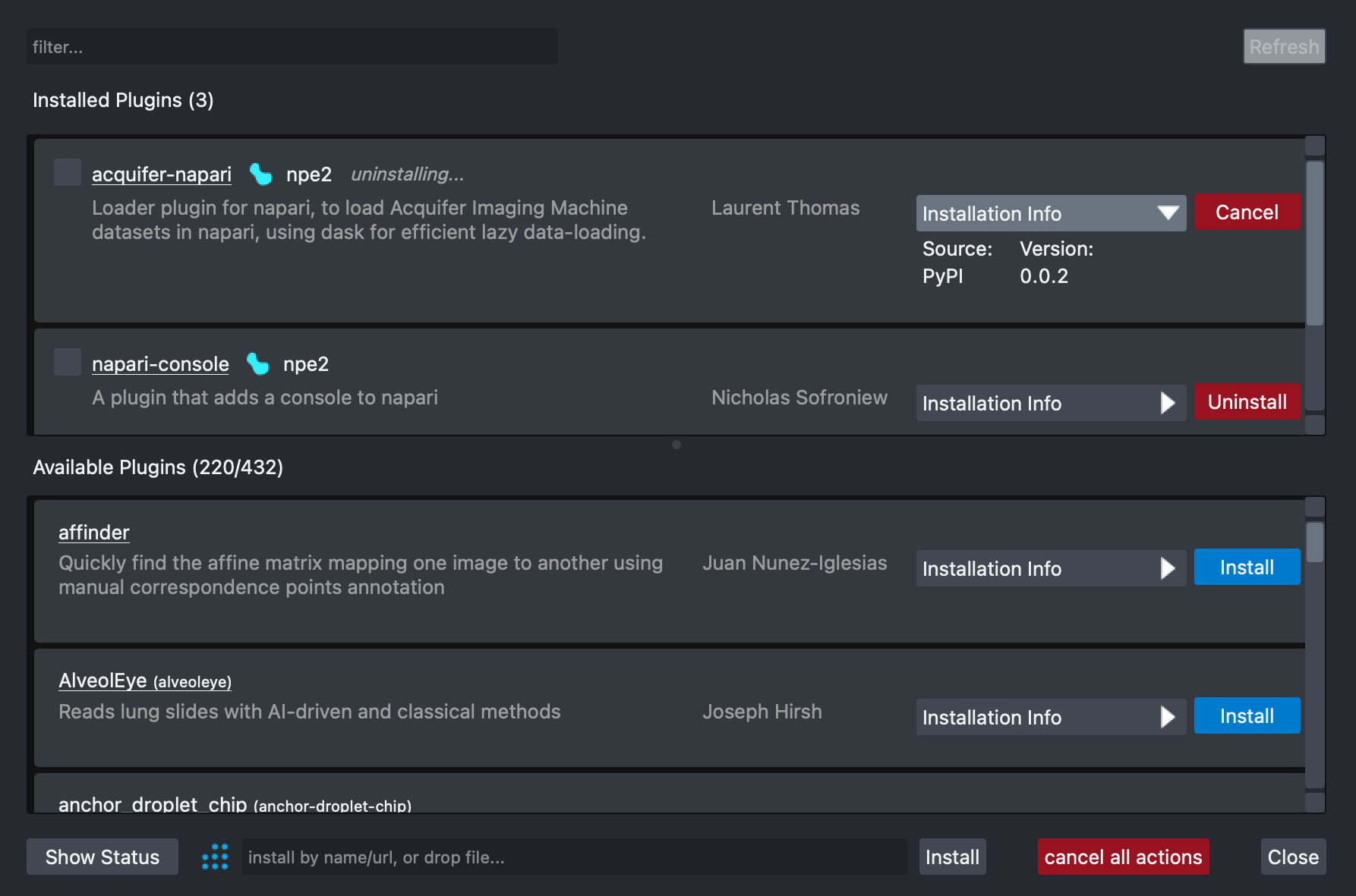 Screenshot of the napari-plugin-manager showing the process of uninstalling a plugin