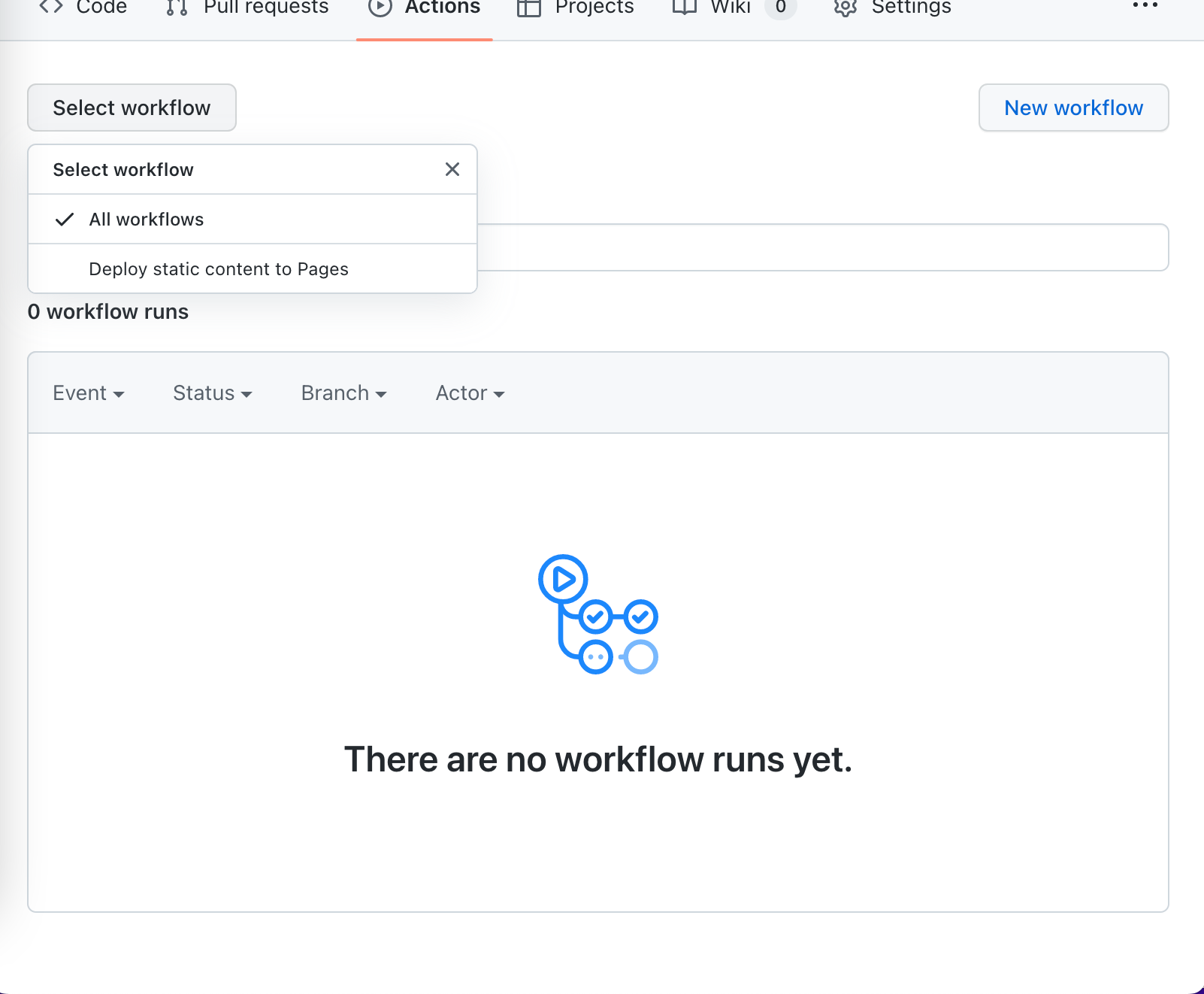 Select "Deploy static content to Pages" workflow to run