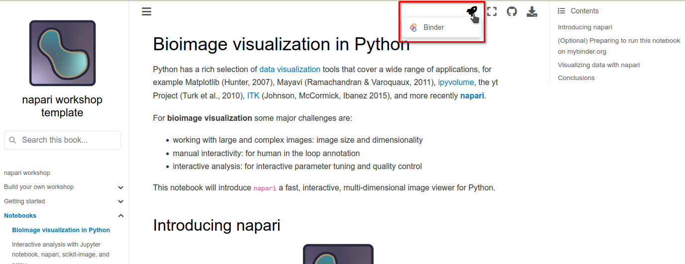 Binder badge shown in the "Bioimage visualization in Python" notebook