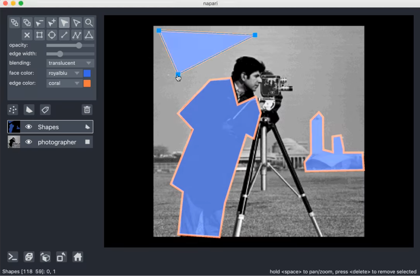 animation of napari viewer with a shapes layer bounded by vertices over an initial static image. The shapes are selected and the vertices moved by the mouse pointer, resulting in new shapes.