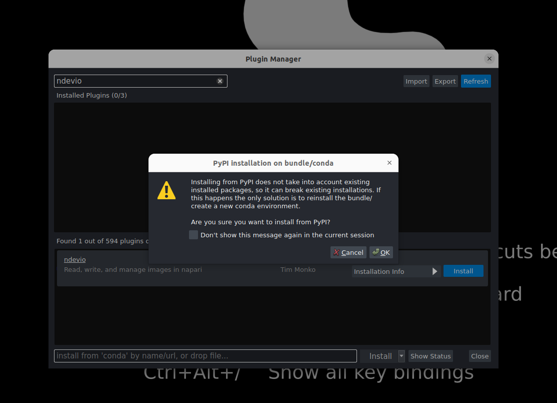 Image displaying warning pop-up when installing a PyPI plugin in the napari bundle.